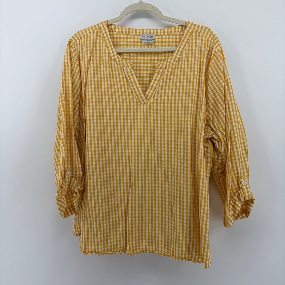 Van Heusen Womens XXL Yellow Gingham Blouse Roll-Tab‎ Sleeve Split Neck